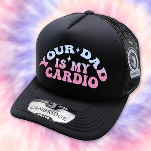 Your Dad Is My Cardio SnapBack Hat Black, Pastel Text